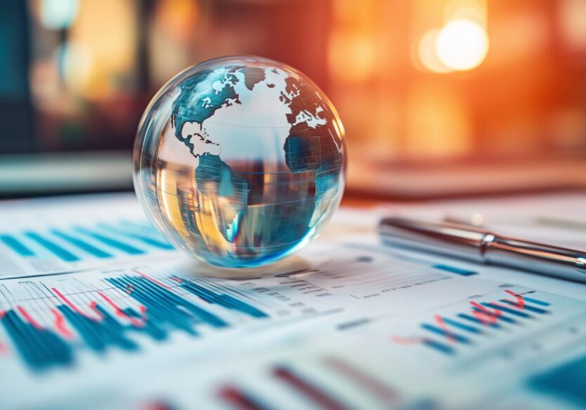 A crystal globe reflecting on business documents, symbolizing global finance and innovation in a vibrant office setting. A crystal globe reflecting on business documents, symbolizing global finance and innovation in a vibrant office setting.